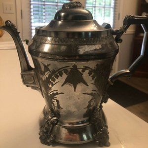 Antique Webster Silver Triple Plate Tea Pot Victorian Engraved Figural Footed